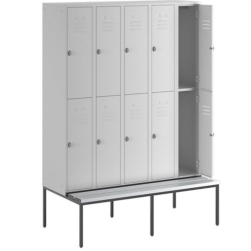 4250618236131 - Halbhoher Garderobenschrank mit Sitzbankuntergestell 300 mm 10 Fächer Vollwand lichtgrau