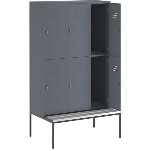 4250618235943 - Halbhoher Garderobenschrank mit Sitzbankuntergestell 400 mm 6 Fächer Vollwand blaugrau