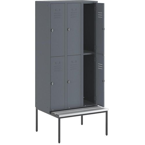 4250618235882 - Halbhoher Garderobenschrank mit Sitzbankuntergestell 300 mm 6 Fächer Vollwand blaugrau