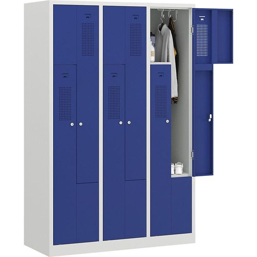 4061753004246 - eurokraft basic AMSTERDAM Z-Garderobenschrank Breite 1185 mm 3 Abteile 6 Türen Türfarbe Enzianblau Korpus lichtgrau 4061753004246 - eurokraft basic AMSTERDAM Z-Garderobenschrank Breite 1185 mm 3 Abteile 6 Türen Türfarbe Enzianblau Korpus lichtgrau