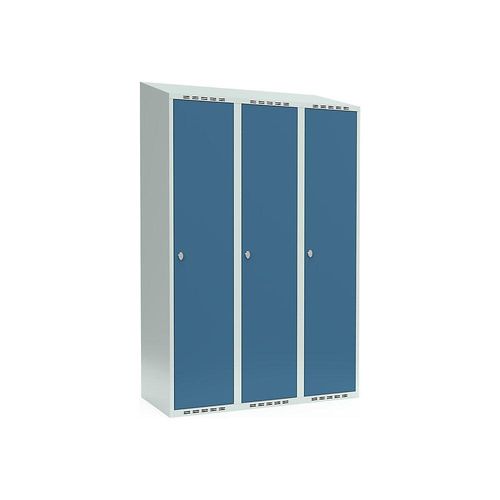 7042424727425 - Spind Fydor 3 Abteile lichtgrau brillantblau B 1200 mm 3 Abteile schräge Dachform Vorhängeschloss kaiserkraft 7042424727425 - Spind Fydor 3 Abteile lichtgrau brillantblau B 1200 mm 3 Abteile schräge Dachform Vorhängeschloss kaiserkraft