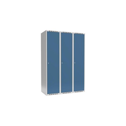 7042423182423 - Spind Fydor 3 Abteile lichtgrau   brillantblau B 1200 mm 3 Abteile flache Dachform Zylinderschloss kaiserkraft