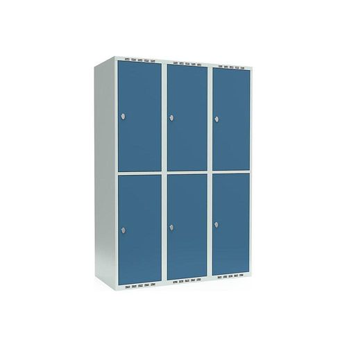 7042423393140 - Doppelstock-Spind Fydor 3 Abteile lichtgrau brillantblau B 1200 mm 3 Abteile flache Dachform Vorhängeschloss kaiserkraft 7042423393140 - Doppelstock-Spind Fydor 3 Abteile lichtgrau brillantblau B 1200 mm 3 Abteile flache Dachform Vorhängeschloss kaiserkraft