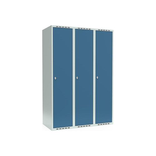 7042423800389 - Spind Fydor 3 Abteile lichtgrau   brillantblau B 1200 mm 3 Abteile flache Dachform Vorhängeschloss kaiserkraft