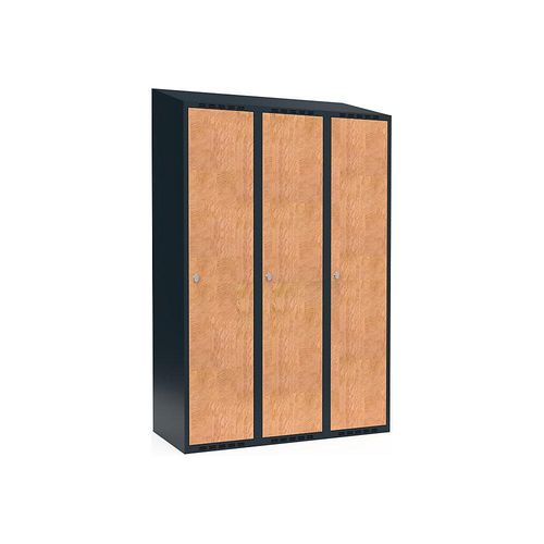 7042424805109 - Spind Fydor 3 Abteile grau   Eiche B 1200 mm 3 Abteile schräge Dachform Vorhängeschloss kaiserkraft