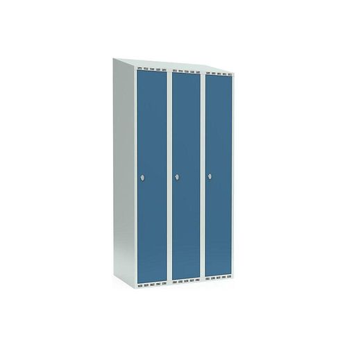 7042423618946 - Spind Fydor 3 Abteile lichtgrau   brillantblau B 900 mm 3 Abteile schräge Dachform Vorhängeschloss kaiserkraft