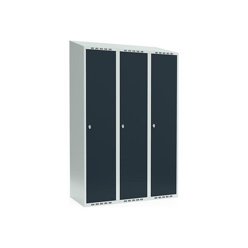 7042423063043 - Spind Fydor 3 Abteile lichtgrau   grau B 1200 mm 3 Abteile schräge Dachform Vorhängeschloss kaiserkraft