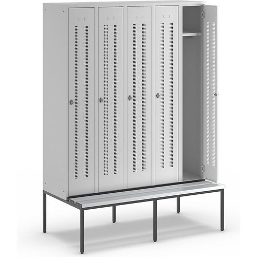 4250618235691 - Kleiderspind mit untergebauter Bank Lochblech-Türen Abteilbreite 300 mm 5 Abteile lichtgrau