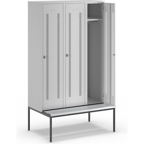 4250618235349 - Kleiderspind mit untergebauter Bank Lochblech-Türen Abteilbreite 400 mm 3 Abteile lichtgrau