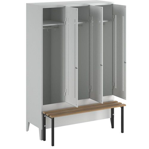 4250618234403 - Kleiderspind mit vorgebauter Bank Lochblech-Türen Abteilbreite 400 mm 3 Abteile lichtgrau 4250618234403 - Kleiderspind mit vorgebauter Bank Lochblech-Türen Abteilbreite 400 mm 3 Abteile lichtgrau