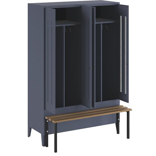 4250618234212 - Schwarz-Weiß-Spind Berlin 1 mit Sitzbank 2 Abteile blaugrau B 1200 mm vorgebaut Buchenholz Wolf