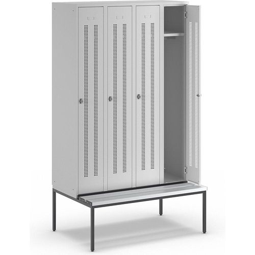 4250618235431 - Kleiderspind mit untergebauter Bank Lochblech-Türen Abteilbreite 300 mm 4 Abteile lichtgrau 4250618235431 - Kleiderspind mit untergebauter Bank Lochblech-Türen Abteilbreite 300 mm 4 Abteile lichtgrau