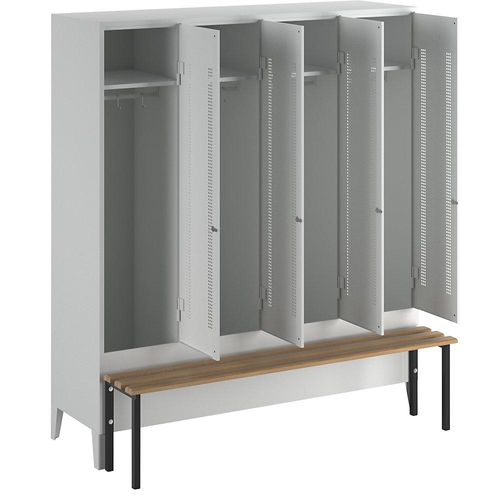 4250618234571 - Kleiderspind mit vorgebauter Bank Lochblech-Türen Abteilbreite 400 mm 4 Abteile lichtgrau
