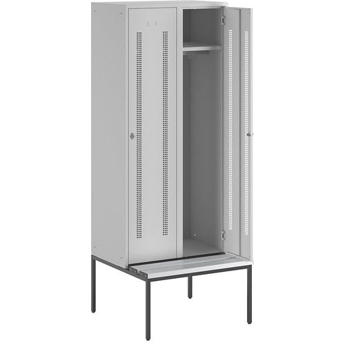 4250618234984 - Kleiderspind mit untergebauter Bank Lochblech-Türen Abteilbreite 400 mm 2 Abteile lichtgrau