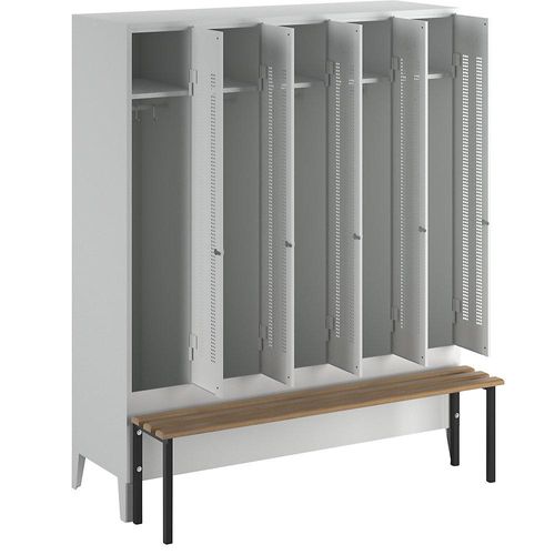 4250618234632 - Kleiderspind mit vorgebauter Bank Lochblech-Türen Abteilbreite 300 mm 5 Abteile lichtgrau 4250618234632 - Kleiderspind mit vorgebauter Bank Lochblech-Türen Abteilbreite 300 mm 5 Abteile lichtgrau