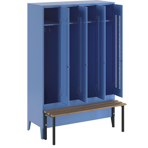 4250618234427 - Kleiderspind mit vorgebauter Bank Lochblech-Türen Abteilbreite 300 mm 4 Abteile lichtblau