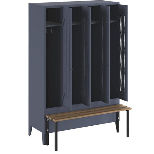 4250618234441 - Kleiderspind mit vorgebauter Bank Lochblech-Türen Abteilbreite 300 mm 4 Abteile blaugrau
