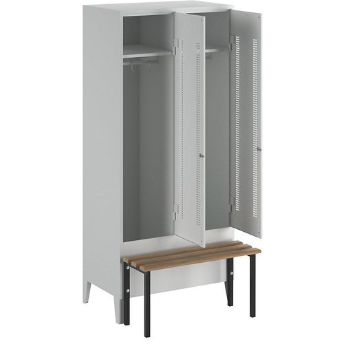 4250618234175 - Kleiderspind mit vorgebauter Bank Lochblech-Türen Abteilbreite 400 mm 2 Abteile lichtgrau