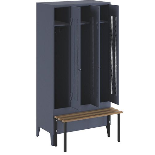 4250618234274 - Kleiderspind mit vorgebauter Bank Lochblech-Türen Abteilbreite 300 mm 3 Abteile blaugrau