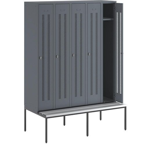 4250618235677 - Kleiderspind mit untergebauter Bank Lochblech-Türen Abteilbreite 300 mm 5 Abteile blaugrau