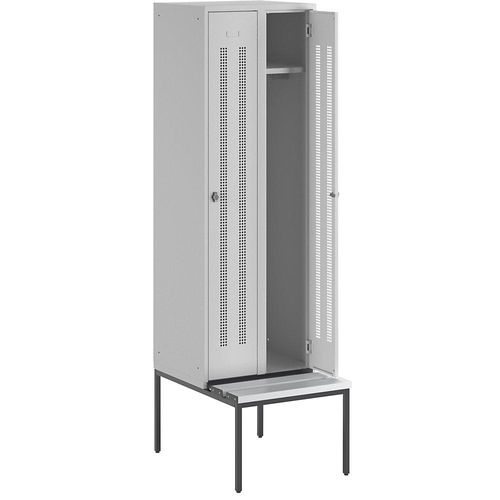 4250618234816 - Kleiderspind mit untergebauter Bank Lochblech-Türen Abteilbreite 300 mm 2 Abteile lichtgrau