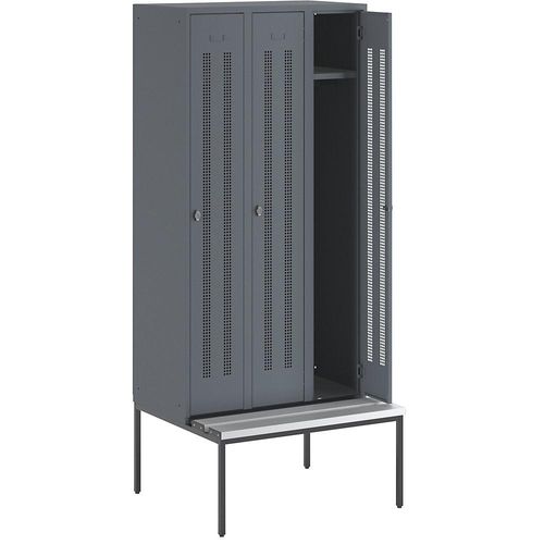 4250618235141 - Kleiderspind mit untergebauter Bank Lochblech-Türen Abteilbreite 300 mm 3 Abteile blaugrau