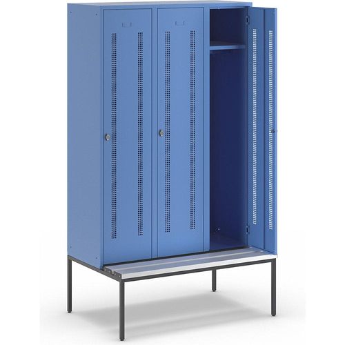 4250618235288 - Kleiderspind mit untergebauter Bank Lochblech-Türen Abteilbreite 400 mm 3 Abteile lichtblau