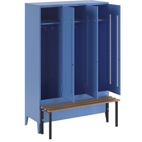4250618234366 - Kleiderspind mit vorgebauter Bank Lochblech-Türen Abteilbreite 400 mm 3 Abteile lichtblau