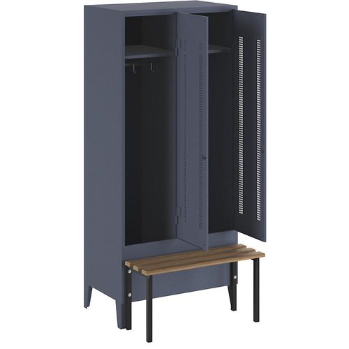 4250618234151 - Kleiderspind mit vorgebauter Bank Lochblech-Türen Abteilbreite 400 mm 2 Abteile blaugrau
