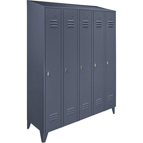 4250618240282 - Stahlschrank mit Schrägdach Abteile schrankhoch Gesamtbreite 1500 mm 5 Abteile blaugrau RAL 7031