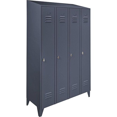 4250618240190 - Stahlschrank mit Schrägdach Abteile schrankhoch Gesamtbreite 1200 mm 4 Abteile blaugrau RAL 7031 4250618240190 - Stahlschrank mit Schrägdach Abteile schrankhoch Gesamtbreite 1200 mm 4 Abteile blaugrau RAL 7031