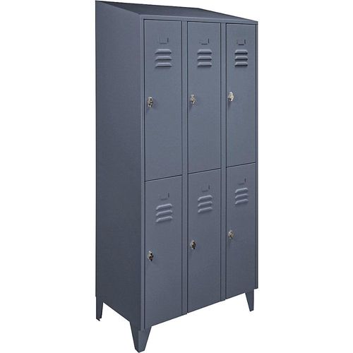 4250618240510 - Garderobenschrank mit Schrägdach halbhohe Fächer Gesamtbreite 900 mm 6 Abteile blaugrau RAL 7031 4250618240510 - Garderobenschrank mit Schrägdach halbhohe Fächer Gesamtbreite 900 mm 6 Abteile blaugrau RAL 7031