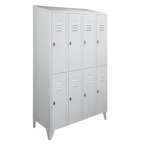 4250618240619 - Garderobenschrank mit Schrägdach halbhohe Fächer Gesamtbreite 1200 mm 8 Abteile lichtgrau RAL 7035