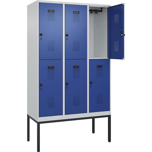 4068192155775 - Doppelstock-Spind Evolo PLUS 3 Abteile lichtgrau   enzianblau B 1200 mm mit schmalen Füßen Drehriegel