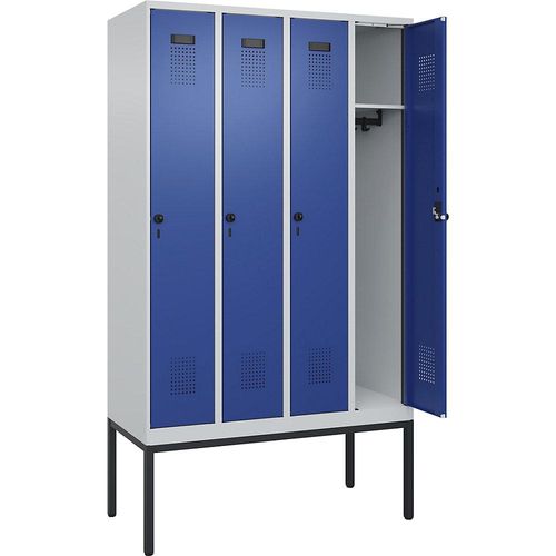 4068192155676 - Spind Evolo PLUS 4 Abteile lichtgrau   enzianblau B 1200 mm mit schmalen Füßen Drehriegel