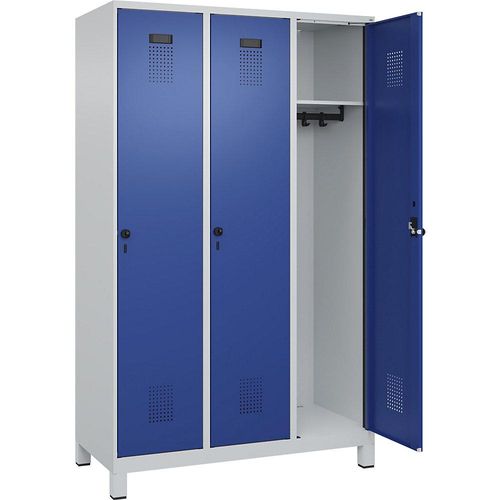 4067521932025 - Spind Evolo PLUS 3 Abteile lichtgrau   enzianblau B 1200 mm mit breiten Füßen Drehriegel