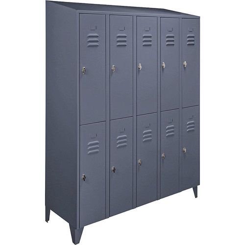 4250618240695 - Garderobenschrank mit Schrägdach halbhohe Fächer Gesamtbreite 1500 mm 10 Abteile blaugrau RAL 7031
