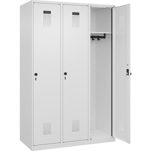 4067521948132 - Spind Evolo PLUS 3 Abteile verkehrsweiß B 1200 mm mit Bodengleitern Drehriegel