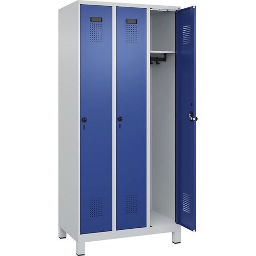 4067521932001 - Spind Evolo PLUS 3 Abteile lichtgrau   enzianblau B 900 mm mit breiten Füßen Drehriegel