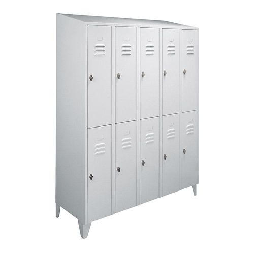 4250618240701 - Garderobenschrank mit Schrägdach halbhohe Fächer Gesamtbreite 1500 mm 10 Abteile lichtgrau RAL 7035 4250618240701 - Garderobenschrank mit Schrägdach halbhohe Fächer Gesamtbreite 1500 mm 10 Abteile lichtgrau RAL 7035