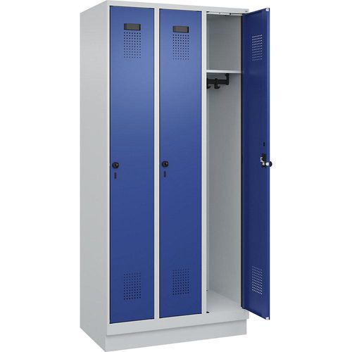 4067521932261 - Spind Evolo PLUS 3 Abteile lichtgrau   enzianblau B 900 mm mit Bodensockel Drehriegel