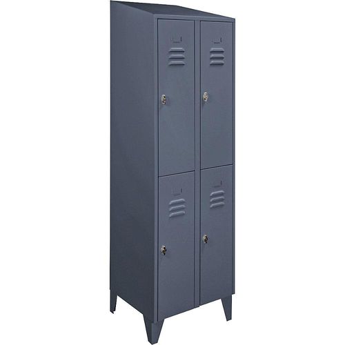 4250618240428 - Garderobenschrank mit Schrägdach halbhohe Fächer Gesamtbreite 600 mm 4 Abteile blaugrau RAL 7031 4250618240428 - Garderobenschrank mit Schrägdach halbhohe Fächer Gesamtbreite 600 mm 4 Abteile blaugrau RAL 7031