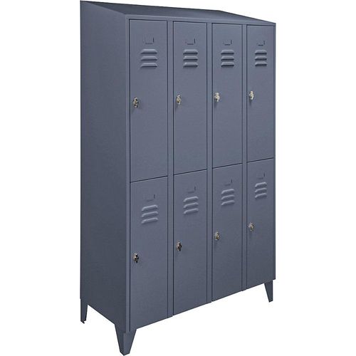 4250618240602 - Garderobenschrank mit Schrägdach halbhohe Fächer Gesamtbreite 1200 mm 8 Abteile blaugrau RAL 7031