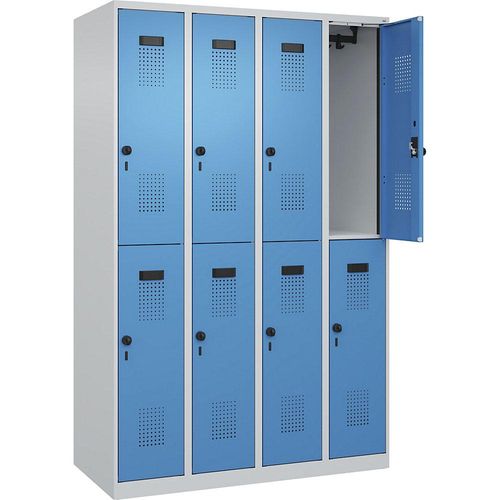 4067521933749 - Doppelstock-Spind Evolo PLUS 4 Abteile lichtgrau   lichtblau B 1200 mm mit Bodengleitern Drehriegel