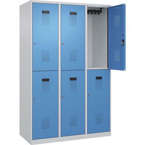 4067521975886 - Doppelstock-Spind Evolo PLUS 3 Abteile lichtgrau   lichtblau B 1200 mm mit Bodengleitern Zylinderschloss