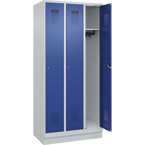 4067521974414 - Spind Evolo PLUS 3 Abteile lichtgrau   enzianblau B 900 mm mit Bodensockel Zylinderschloss