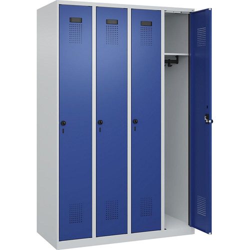 4067521931783 - Spind Evolo PLUS 4 Abteile lichtgrau   enzianblau B 1200 mm mit Bodengleitern Drehriegel