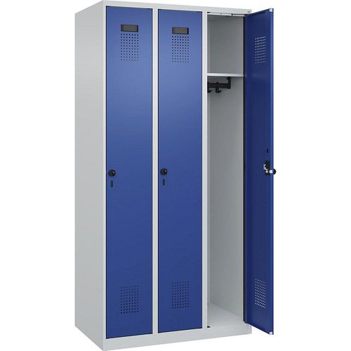 4067521931745 - Spind Evolo PLUS 3 Abteile lichtgrau   enzianblau B 900 mm mit Bodengleitern Drehriegel