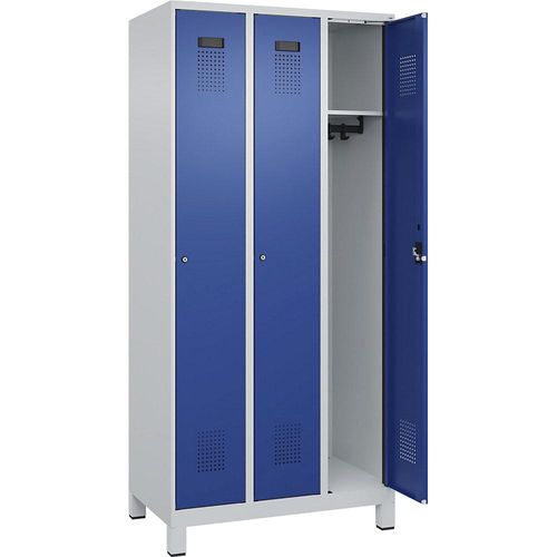 4067521974155 - Spind Evolo PLUS 3 Abteile lichtgrau   enzianblau B 900 mm mit breiten Füßen Zylinderschloss