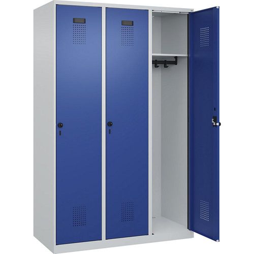 4067521931769 - Spind Evolo PLUS 3 Abteile lichtgrau   enzianblau B 1200 mm mit Bodengleitern Drehriegel